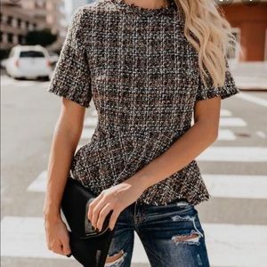 Vici Perspective Peplum Tweed Raw Hem Top - Large